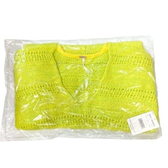 FREE PEOPLE Hot Tropics Open Knit Sweater Limelight Combo- Medium NWT - Picture 5 of 8